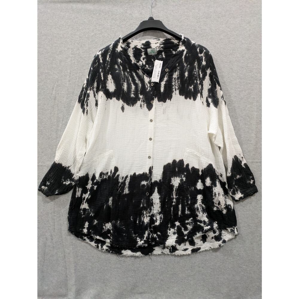 Blue Buttercup Gauze Button Down Tie Dye Tunic Shirt Women Small Black White NWT
